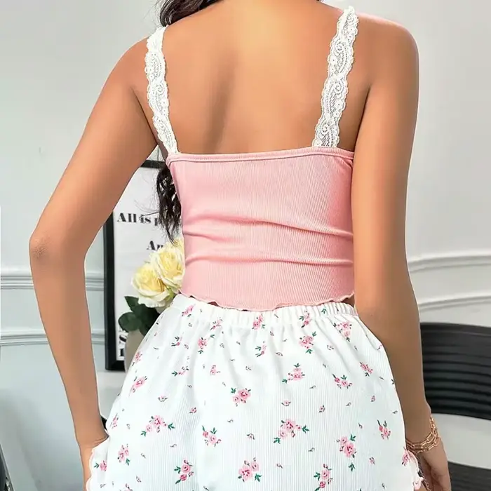 Dámsky 2-dielny pyžamový set ružová čipka Patchwork výstrih do V nočné oblečenie Sexy nočná košeľa Cami top s potlačou