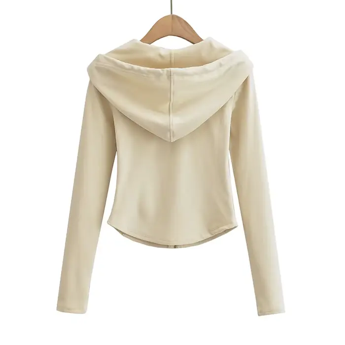 Sweat à capuche court à manches longues pour femmes, haut court, sexy, slim, fermeture éclair complè