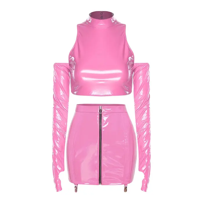 Tenues de pole dance pour femmes, effet cuir PU, tenue de clubbing, crop top découpé, fermeture éclair avant, dentelle florale au dos, mini-jupe moulante