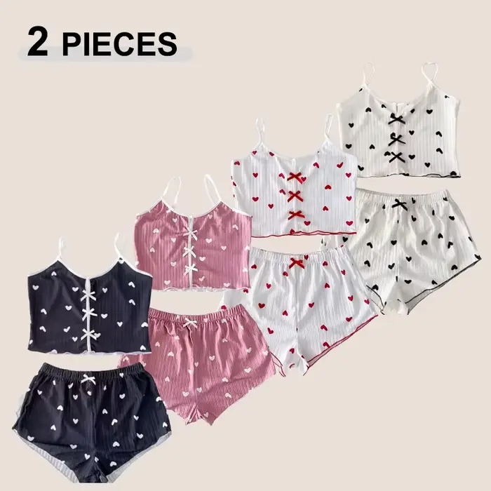 Dámske nočné oblečenie pyžamový set srdiečková potlač jemný rebrovaný materiál s glamour volánmi ležérny cami top a