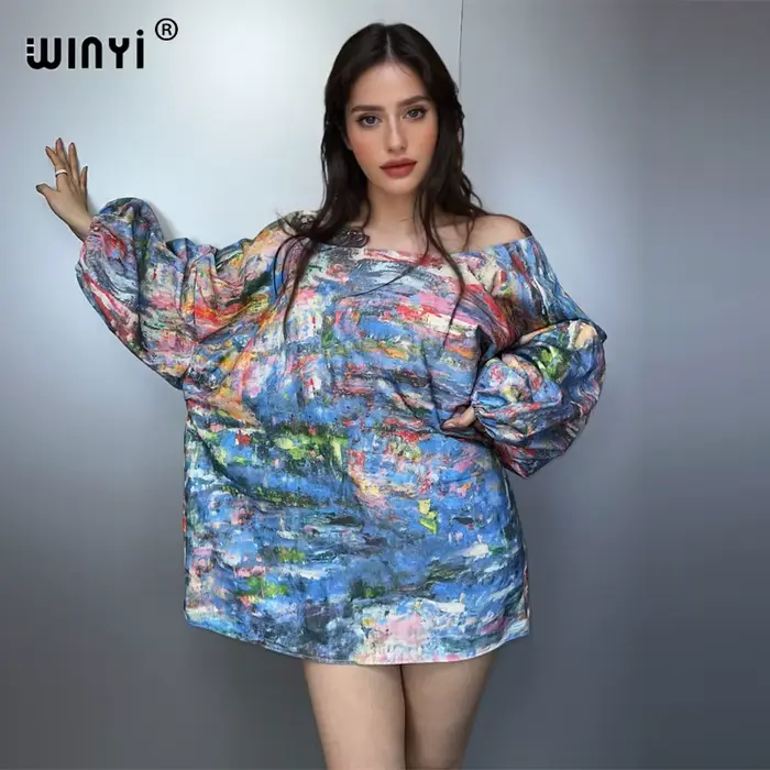 WINYI Originálna potlač bublinkové rukávy džínsové šaty móda Afrika ženy dovolenka ležérne Maxi plážové