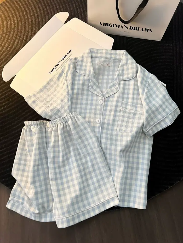 Pyjama minimaliste de style japonais pour femmes, ensemble d'été en polyester et élasthanne, shorts, col rabattu, motif plaid, tenue d'été décontractée pour nuits chaudes