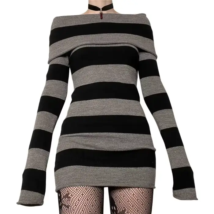 Y2K Pruhované Mini Šaty Mall Goth Grunge Emo Priliehavé Elegantné Pre Ženy S Odhalenými Ramenami Dlhé Rukávy Slim Fit