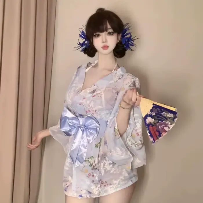 Nové Kimono tlačené a vyšívané šifónové nočné košele, hlboký výstrih, motýlí uzlík, zvodné a koketné, erotické spodná bielizeň