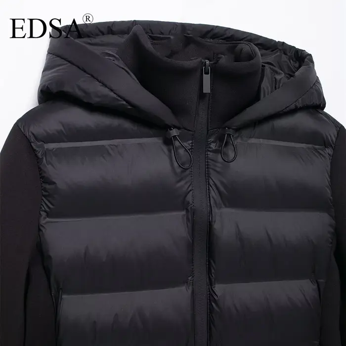 EDSA Veste rembourrée noire pour femme, capuche réglable avec bouchons, col haut, manches longues, p