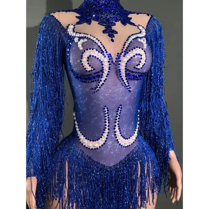 Tenue de spectacle féminine transparente grise avec franges strass argentés et perles pour danseurs et célébrations spéciales