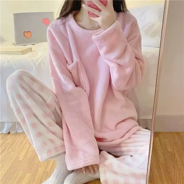 Silné a teplé fleece pyžamo set pre ženy, ležérne zimné nočné oblečenie, obyčajný top a kockované nohavice, mäkké pyžamo set pre ženy, vnútorné oblečenie