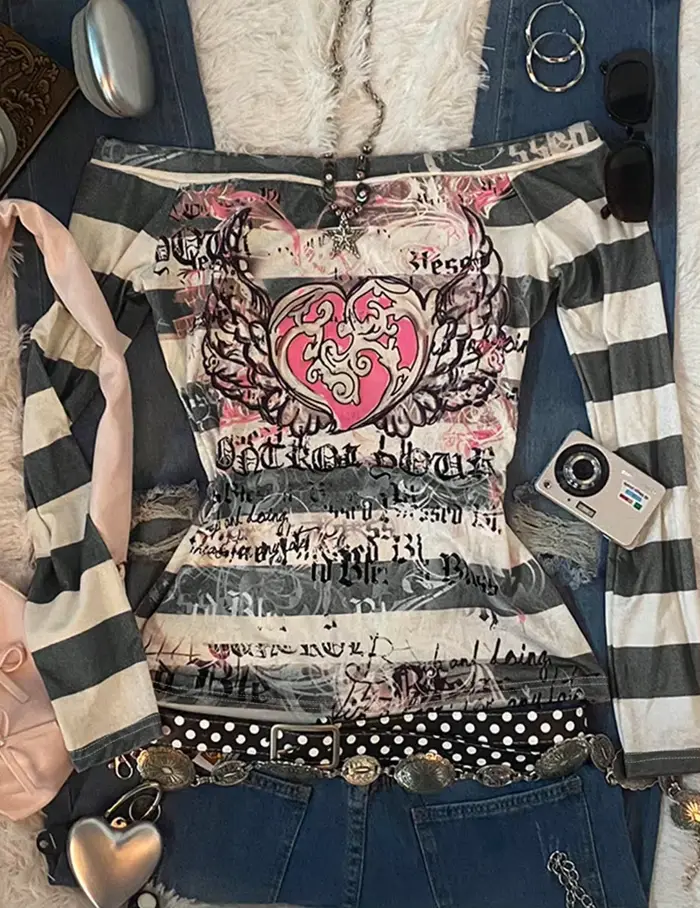 T-Shirt à manches longues pour femmes, imprimé cœur d'ange rose Y2K Sweet 2000S, rayé, une épaule, a