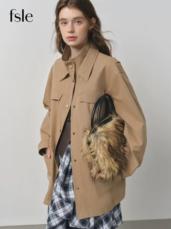 FSLE 2025 nová jeseň dámske Vintage Baren štýl pracovná bunda oversized golier kabát retro voľný strih