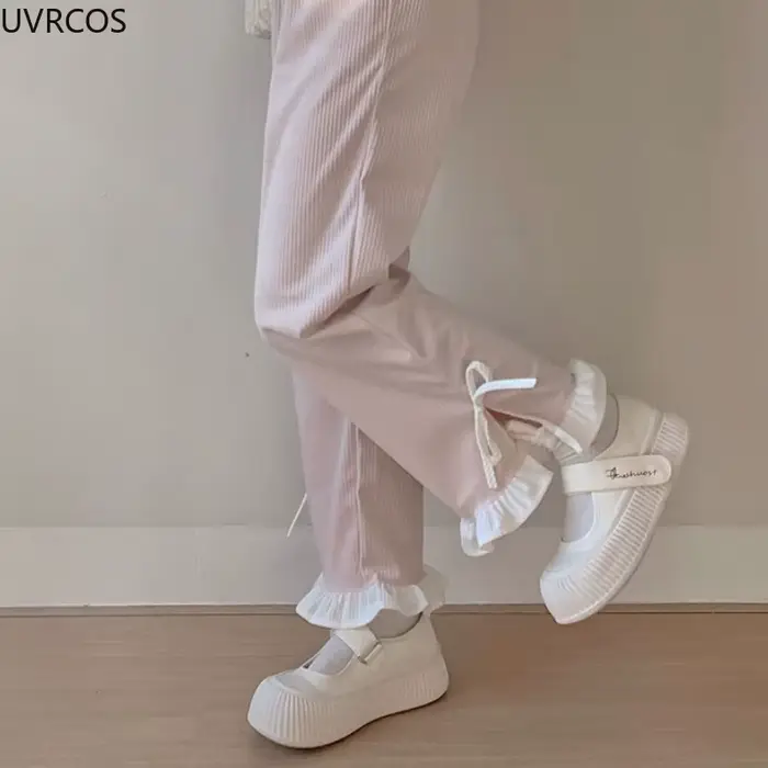 Pantalon en velours côtelé à nœud rose pour femme, style Sweet Lolita, volants Kawaii, bandage latér