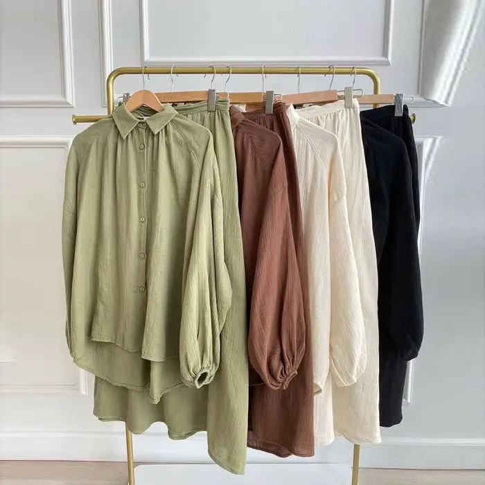 Robe musulmane pour femme, ensemble deux pièces, tenue pour femme, manches bulles, chemise élégante,