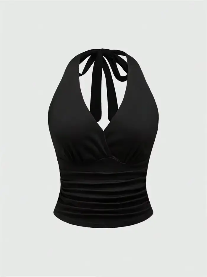 Haut court dos nu à col en v pour femmes, couleur unie, col licou, Sexy, Y2K, sans manches, froncé, 