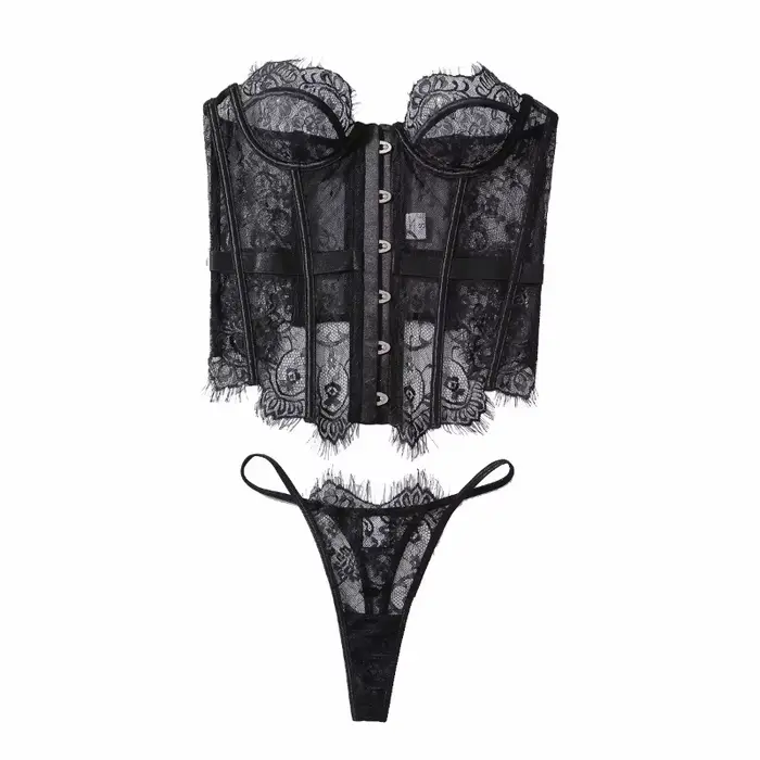 Sexy set z polyesteru a elastanu s čipkou kvet pre ženy, podprsenka a nohavičky bez popruhov, clubwear štýl pre špeciálne príležitosti