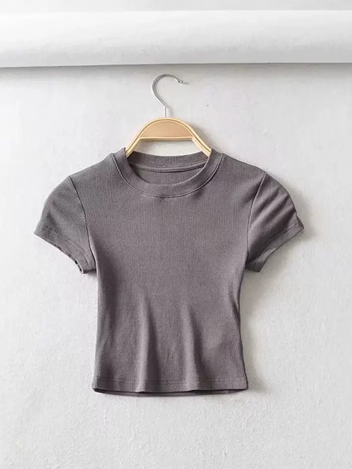 Été Sexy femmes col rond à manches courtes T-shirt mince élastique maigre culture hauts