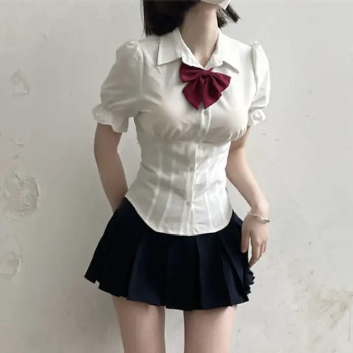 Chemises à Manches Courtes pour Femme, Slim, Plissé, Doux, Mignon, Preppy, Style Japonais, Y2k, Vête