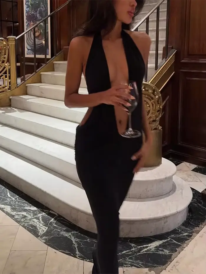 Ahagaga mode licou femmes Maxi Robes solide col en v profond sans manches noir pansement gaine moula