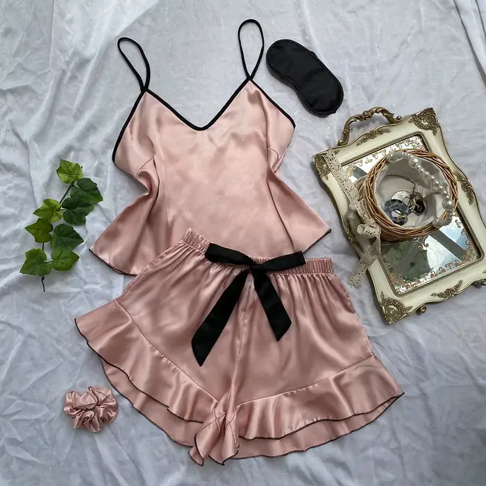 Ensemble pyjama en Satin avec short, 2 pièces, col en v, Lingerie confortable, tenue d'été
