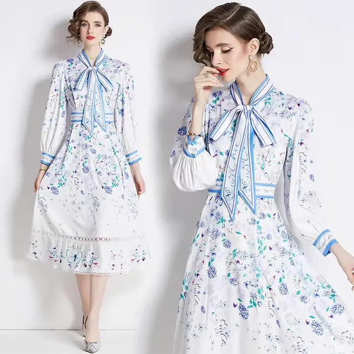 Robe imprimée à manches longues pour femmes, col rond, nœud papillon, taille amincissante, longueur 