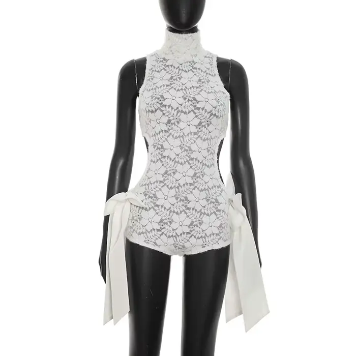 Combinaison moulante sexy à col roulé en dentelle pour femme, style Y2K, évidée, sans manches, pour 