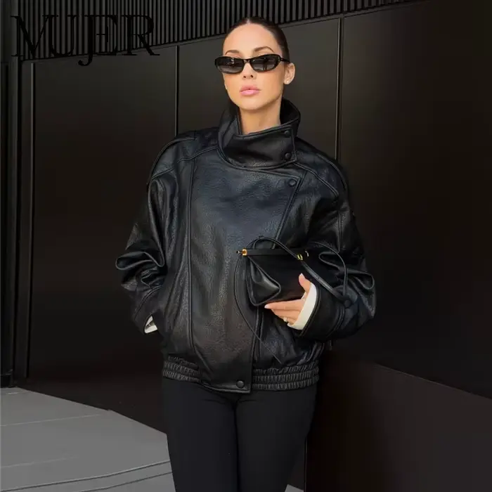 MUJER čierna imitácia koženej bundy pre ženy