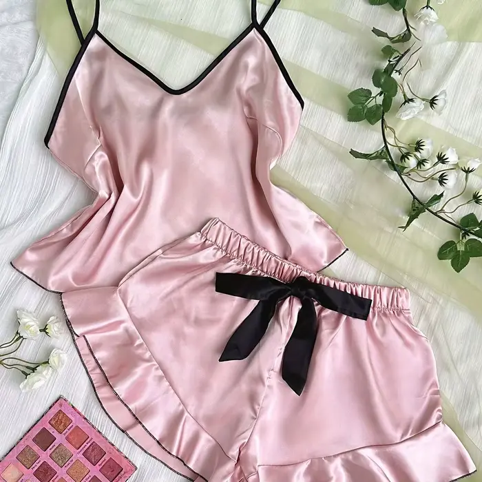 Pyjamas en satin fluide pour femme, sexy, sans manches, shorts, rose noire, pour les nuits d'été et les sorties nocturnes