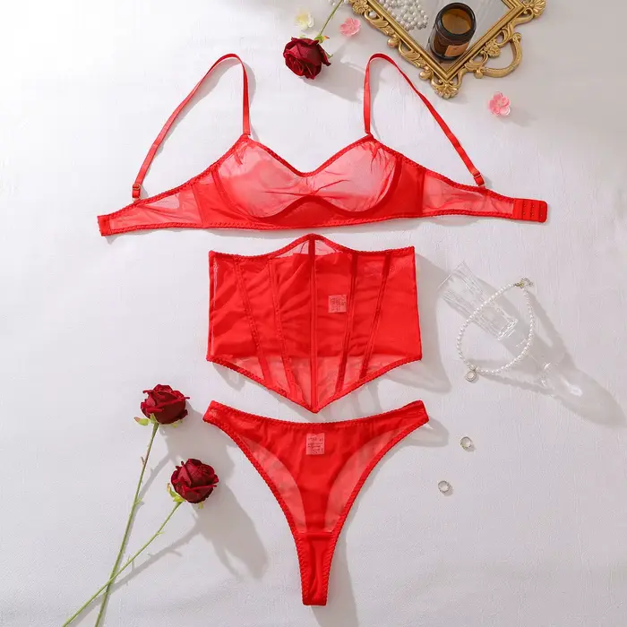 Ensemble de lingerie sexy pour femmes Red Passion, soutien-gorge Willowy, corset, ceinture, string, 