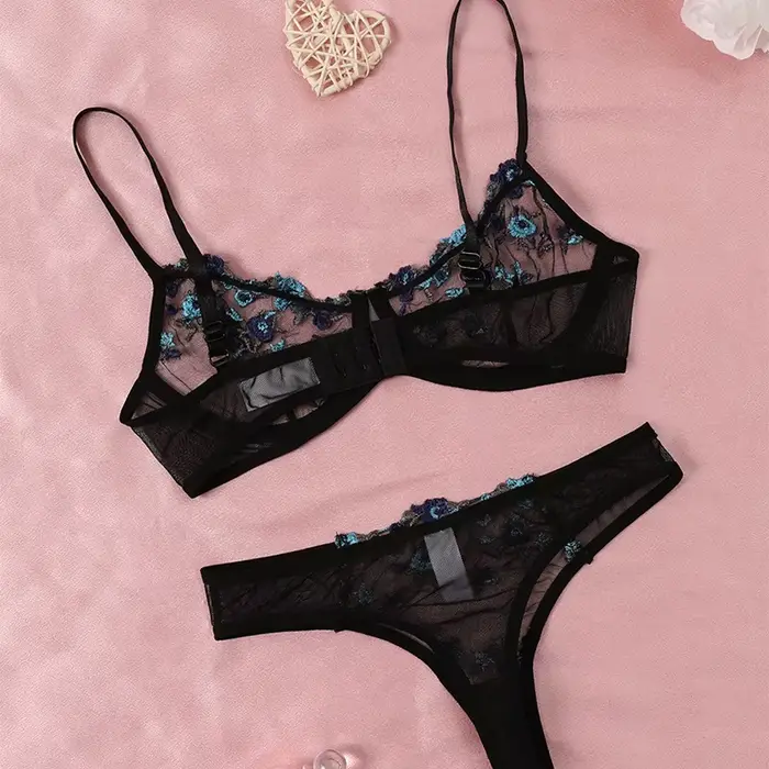 Ensemble de lingerie en dentelle transparente brodée pour femmes, sexy, avec soutien-gorge push-up et culottes dégradées, élégant et confortable pour toutes les occasions spéciales