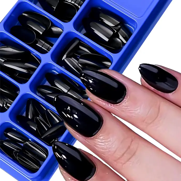 100 faux ongles en amande à presser, longueur moyenne, noirs mats, pour extension d'ongles artificie