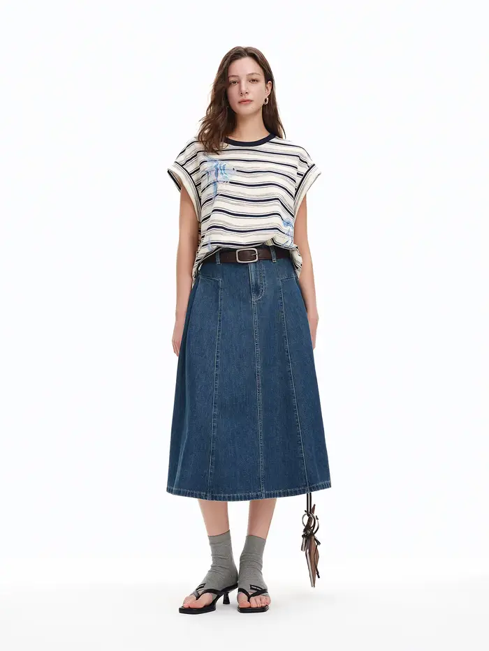 T-shirt DUSHU à manches raglan rayées imprimé océan et strass, col rond, coupe ample et confortable,