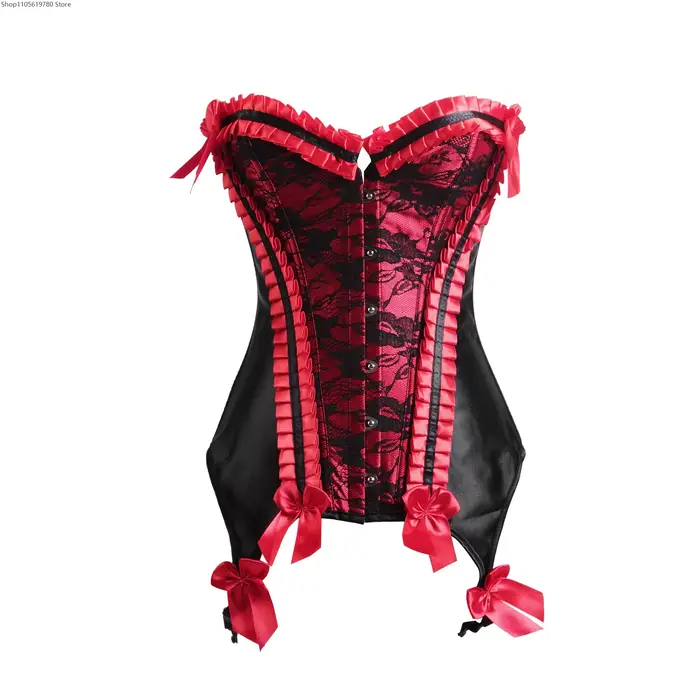 Bez ramienok korzet s volániky pre ženy, vintage štýl, v čipky a satén, s lukom a podväzky, chudnutie plášť, cosplay oblečenie, etapa, strana, výkon