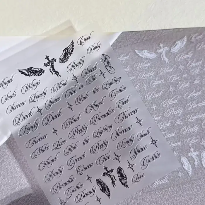 Autocollants pour ongles avec lettres noires et blanches, motifs d'ailes d'ange, designs mixtes, aut