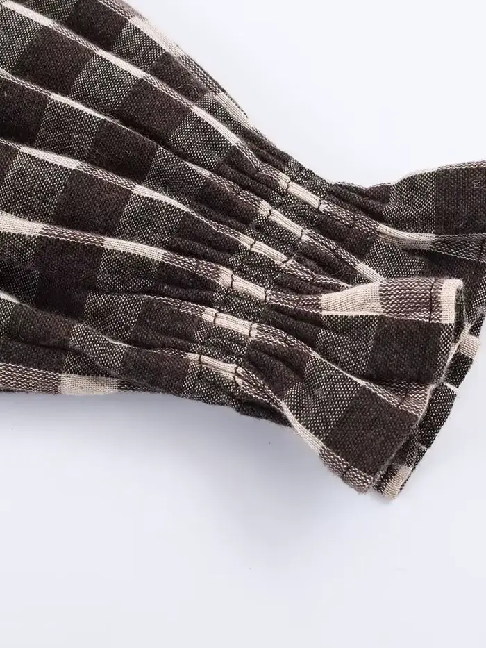 Nlzgmsj 2025 Vintage Chic hnedá kockovaná košeľa pre ženy s dlhým rukávom Blúzka s riasením ležérny elegantný top