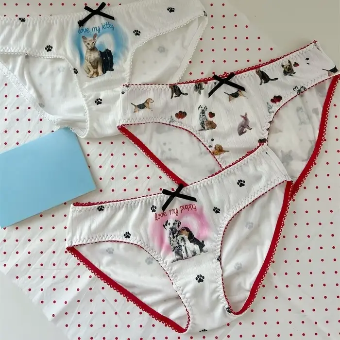 Šteniatka a mačiatka vytlačené Lolita nohavičky, Kawaii nohavice so vzorom mačacej labky, bavlnené nohavičky s lukom, psí vzor pre ženy