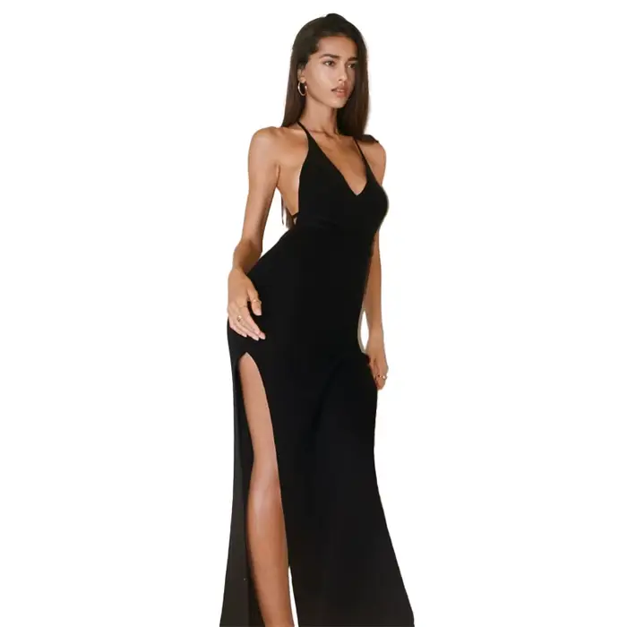 Letné plážové šaty, vysoká štrbina, jednofarebné, sviatočné šaty, Sexy, pletené, bez chrbta, golier, elegantný, bez rukávov, tesný, na kravatu