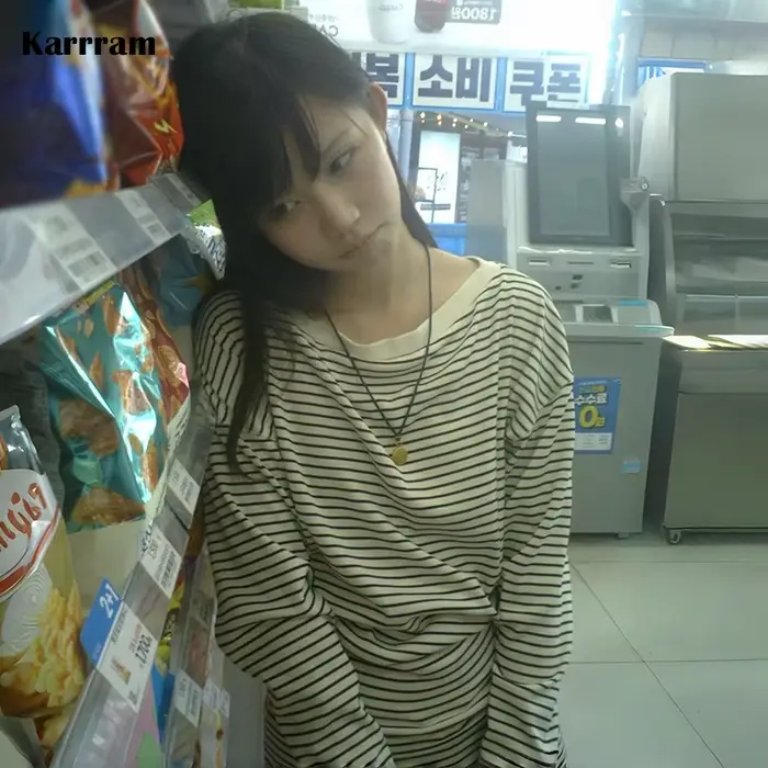 Karrram japonský Y2k pruhovaný dlhý rukáv Tričko 2000s lenivý štýl pletené topy Vintage Harajuku