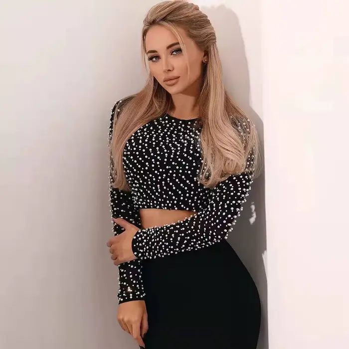 Sexy perlový top s dlhými rukávmi pre ženy