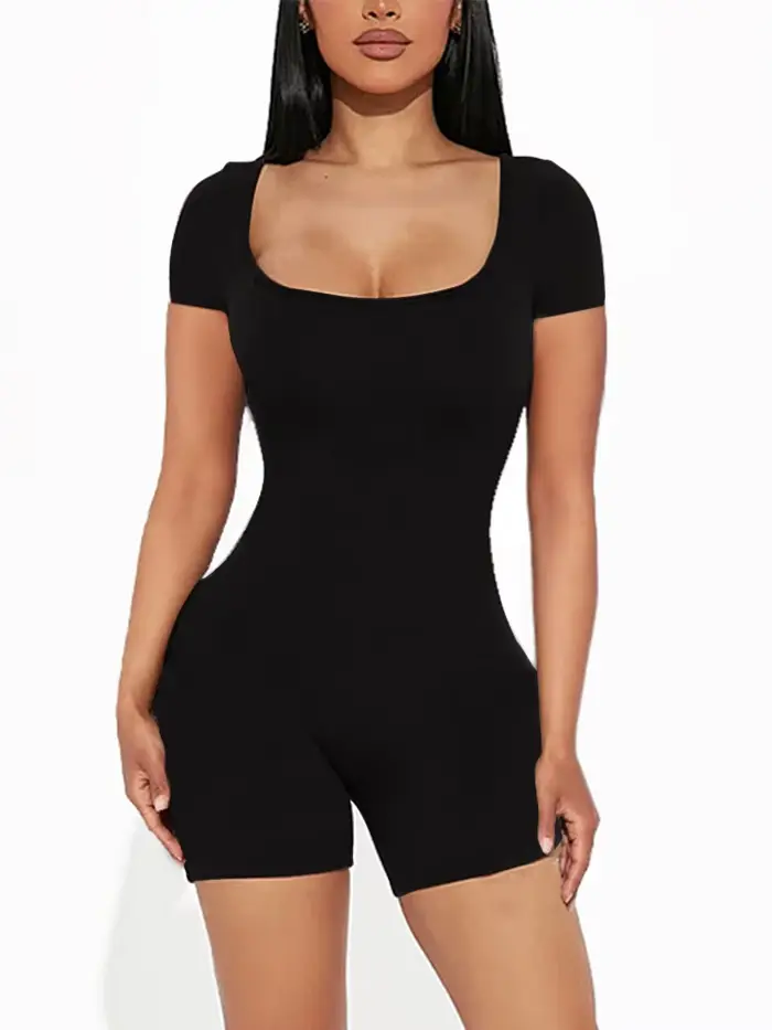 2025 été nouveau femmes Sexy couleur unie à manches courtes col en U combinaison courte Yoga Fitness