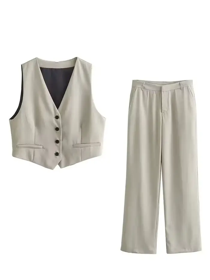 Dámska bunda bez rukávov a kancelárske nohavice set, polyester, V-neck, zapínanie jedným tlačidlom, príležitostne príležitostné, jarné leto