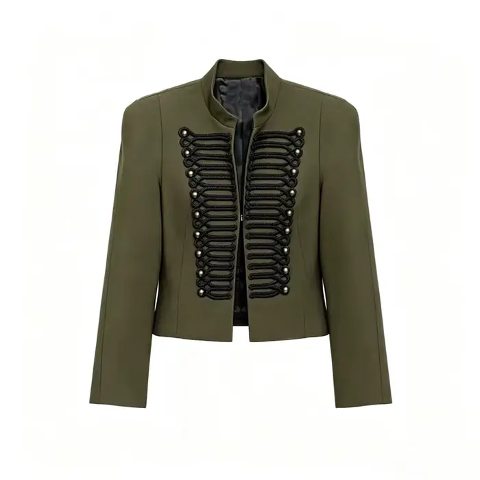 Veste courte en polyester avec détails dorés pour femmes, style décontracté et élégant pour les saisons printemps et automne, idéale pour sorties et occasions spéciales