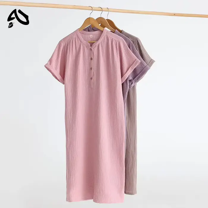 Robe d'été vintage originale 100 % coton gaze, col rond uni, courte ou longue, basique, pour femme, 