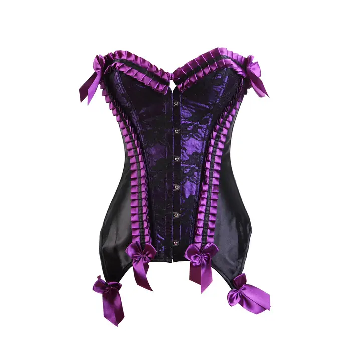 Corset bustier à volants pour femme, style vintage, en dentelle et satin, avec nœud et jarretelles, 