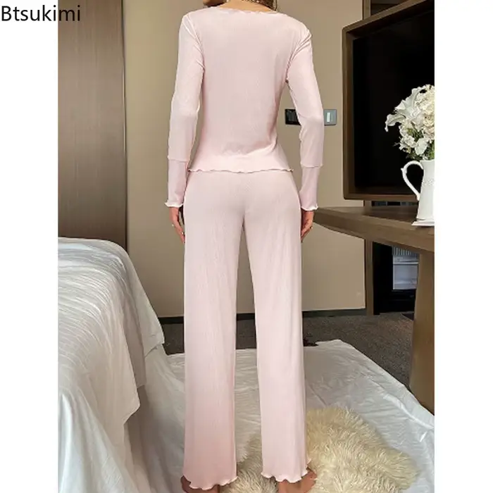 Sexy pyžamový set pre ženy, V-neck, skladaný, s dlhými rukávmi, top a high-end nohavice, ležérne oblečenie, 2 kusy, jar-pád