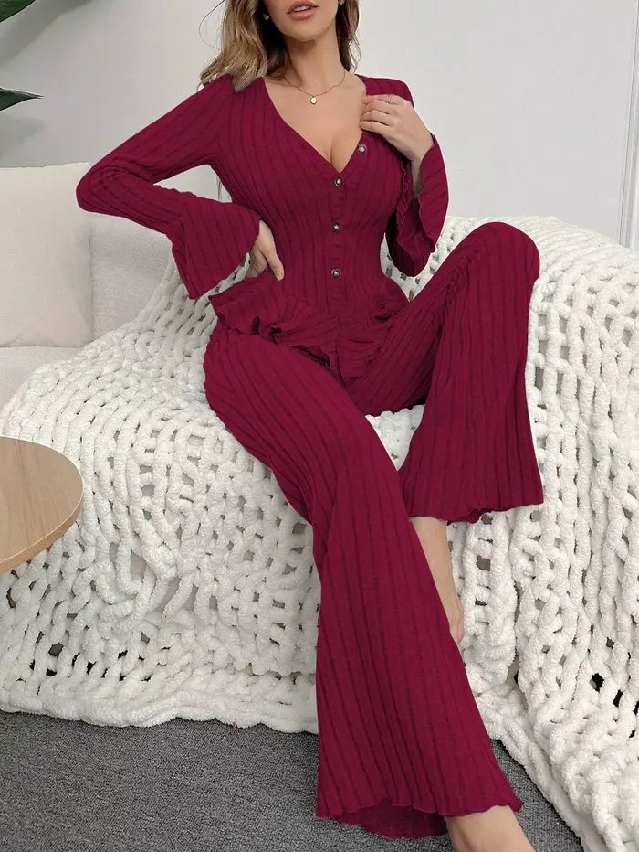 Dámske dvojdielne pyžamový set, Sleepwear, Sexy, V-neck, s dlhými rukávmi, topy a nohavice, domáce oblečenie, jeseň a zima