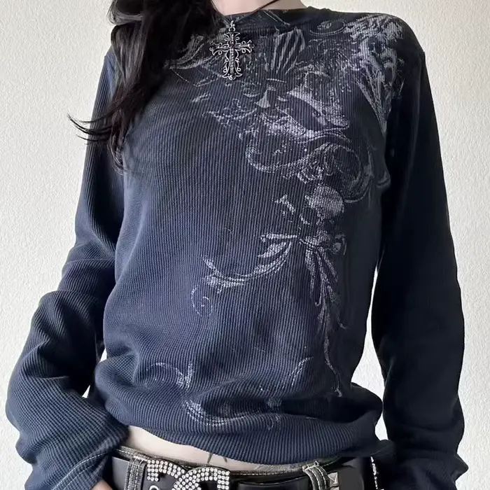 Y2K Hottie Grunge Cyber Mall Goth Termické tričko s lebkami
