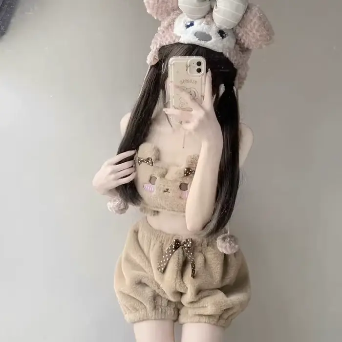 Fille japonaise Kawaii Lolita moelleux Push Up soutiens-gorge slips femmes mignon fourrure dessin animé soutien-gorge nœud ABDL Bloomers Sissy Lingerie intime