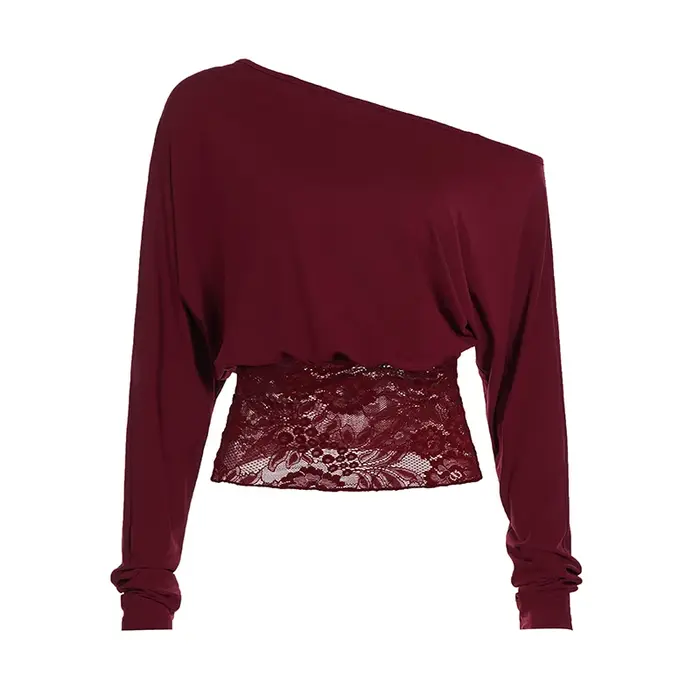 SUCHCUTE elegantné odhalené ramená čipka zdobená definovaný pás retro streetwear pevný dlhý rukáv tričko p