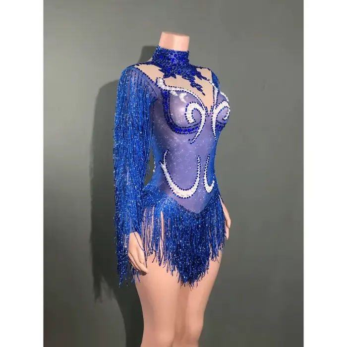 Tenue de spectacle féminine transparente grise avec franges strass argentés et perles pour danseurs et célébrations spéciales
