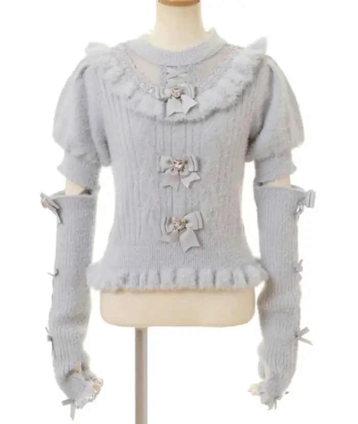 Style japonais mignon doux détachable nœud papillon fourrure manches longues mince pull automne et h