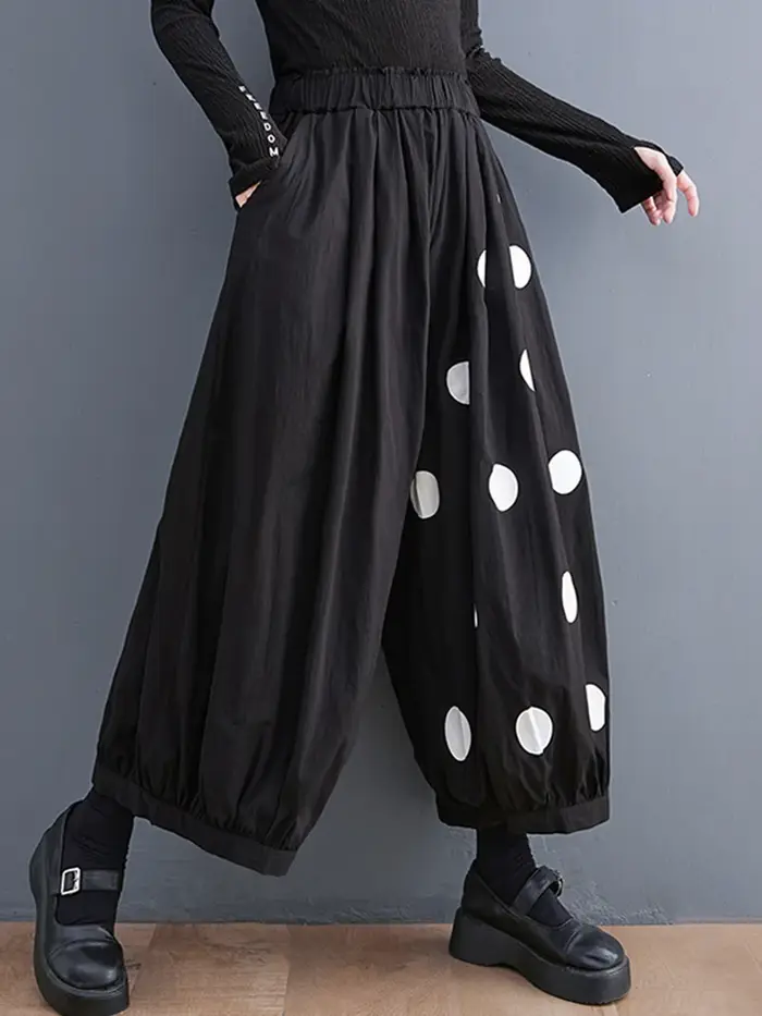 Pantalon large noir vintage à pois taille haute élastique pour femme, nouvelle collection printemps