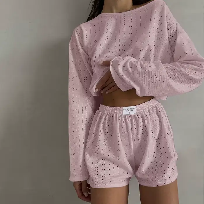 Dámske pyžamový set, Sleepwear, dlhý rukáv topy s šortky, domáce oblečenie, 2-dielna sada, relaxačné oblečenie, jar